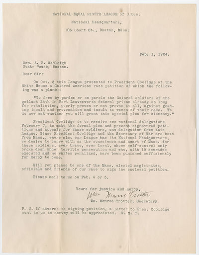 William Monroe Trotter - the first African American to earn a Phi Beta Kappa key at Harvard - pushes a petition calling for mercy for still imprisoned soldiers of the 24th US Colored Infantry