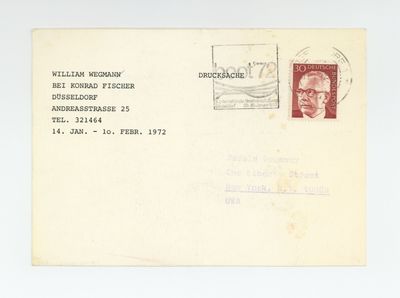 Exhibition postcard: William Wegman Bei Konrad Fischer (14 January-10 February 1972)