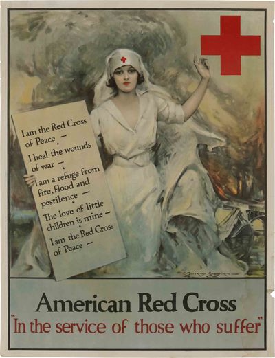 [GROUP OF WORLD WAR I-ERA AMERICAN RED CROSS EPHEMERA, INCLUDING CHROMOLITHOGRAPH POSTER, RED CROSS FLAG, AND NURSE'S VEIL].