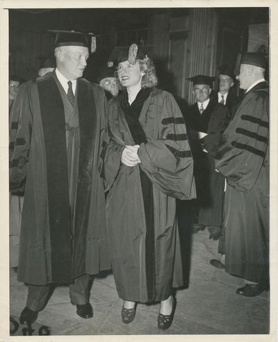 Photograph, black and white glossy, Rutgers University, New Jersey, June 1950 (as docketed on verso), copyright by "The News," New York City, unsigned