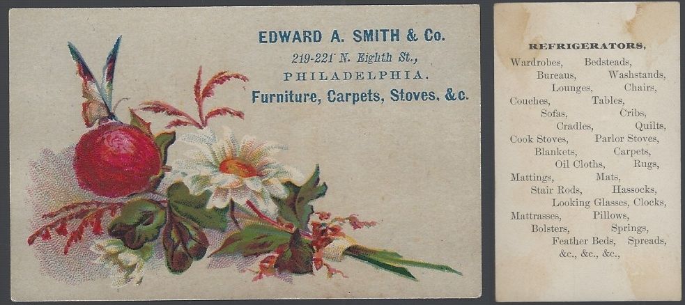 VICTORIAN TRADE CARD FOR EDWARD A. SMITH, FURNITURE, PHILADELPHIA WITH FLOWERS AND BUTTERFLY