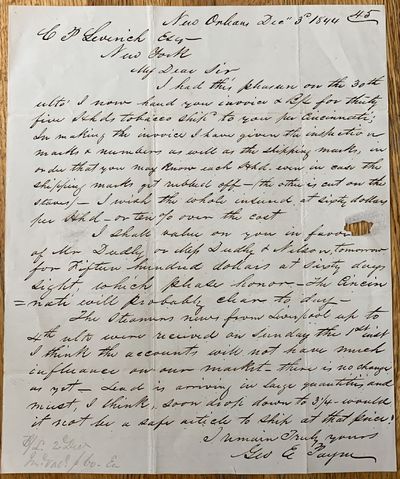 Autograph Letter Signed, New Orleans, December 3, 1844, to C. P. Leverick, Esqr., New York