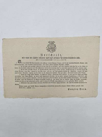 Bern.: Swiss Sanitary Service., 1789. Very good, one vertical fold.. 21.5x34x 0.1 cm.. Germantext. B...