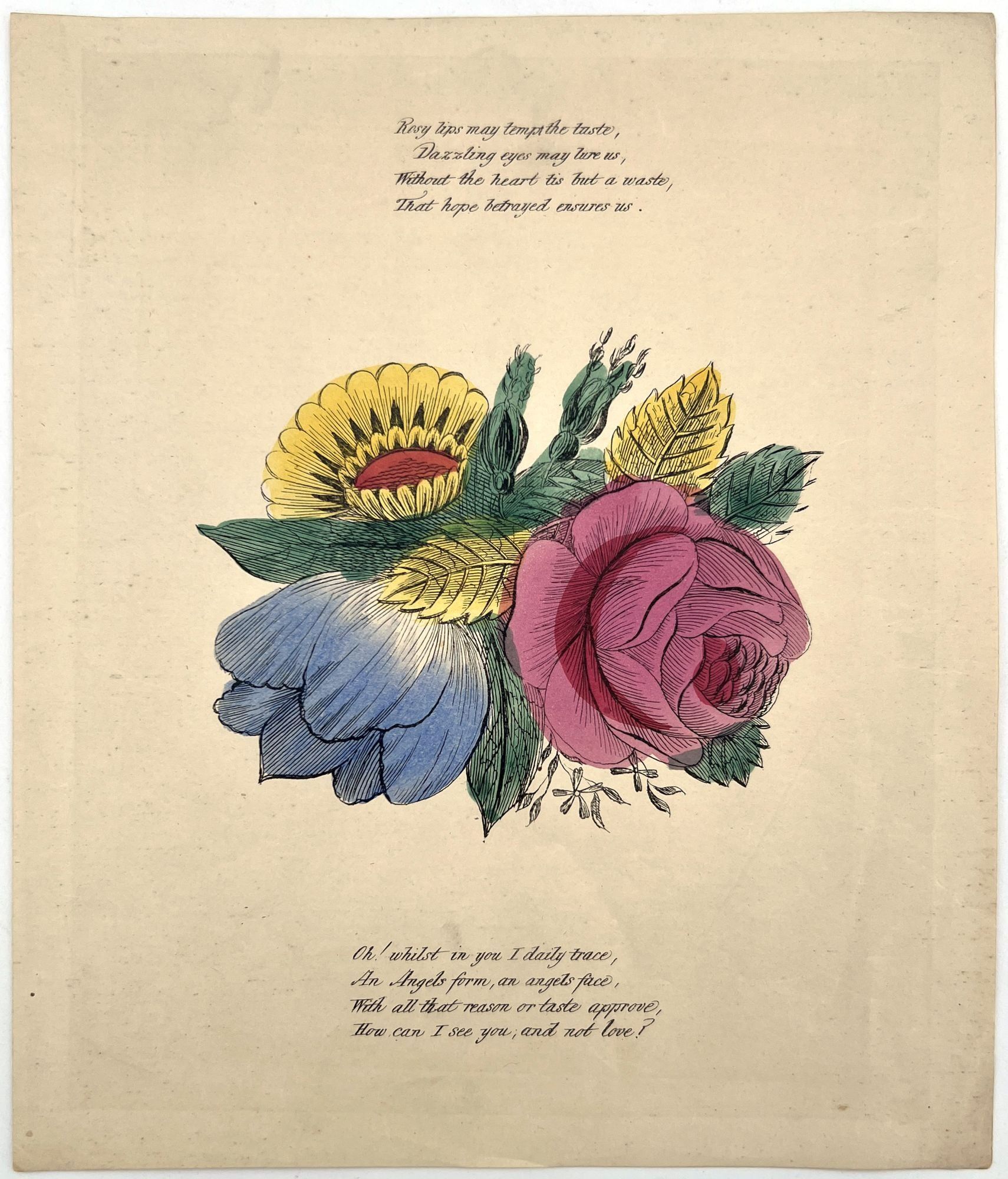 Early 1840s Hand-colored Valentine "Rosy lips may