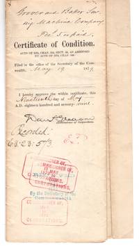 Commonwealth of Massachusetts, City of Boston Official Corporate filing documents: ‘Certificate of Condition’ for Grover and Baker Sewing Machine Company, 1879, with Potter, Grover and Baker signatures