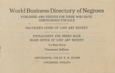 Advertisement for the “World Business Directory of Negroes”, Published by the Lost Art Society, 1932