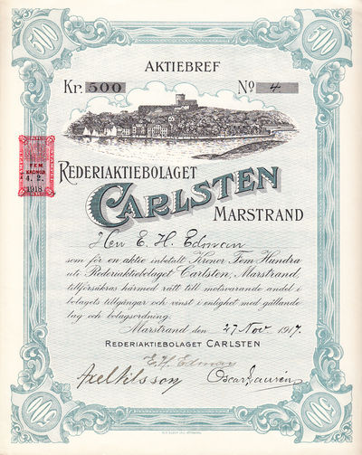 Aktiebref. No 4. Kr 500 [i] Rederiaktiebolaget…