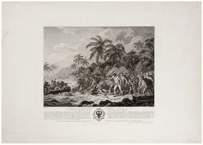 A SUPERB DEATH OF COOK ENGRAVING DEDICATED TO BOUGAINVILLE<br>Mort Tragique du Capitaine Cook. Le 15. Fevrier, 1779.