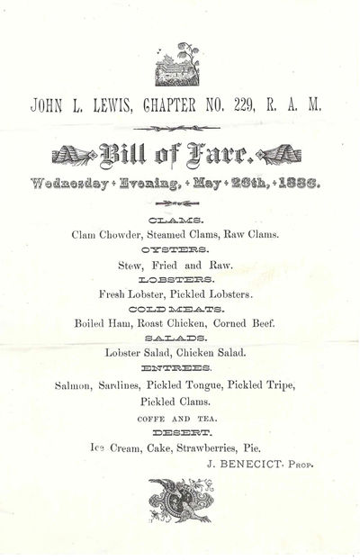 Bill of Fare. Wednesday Evening, May 26th, 1886