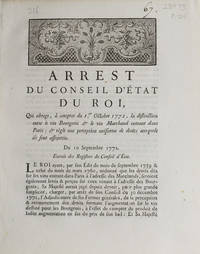 Arrest du Conseil d'Etat du Roi qui abroge, Ã  compter du 1er Octobre 1772, la distinction entre le vin Bourgeois & le vin Marchand entrant dans paris & rÃ¨gle une perception uniforme de droits auxquels ils sont assujettis. du 10 Septembre 1772. Extrait des Registres du Conseil d'Etat