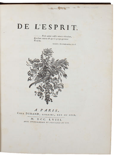 De l'Esprit. - [PRESENTATION-COPY OF THE EXCEEDINGLY RARE FIRST ISSUE] (photo 3)