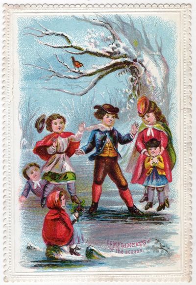 Holiday Card Depicting Children Playing on Frozen Pond
