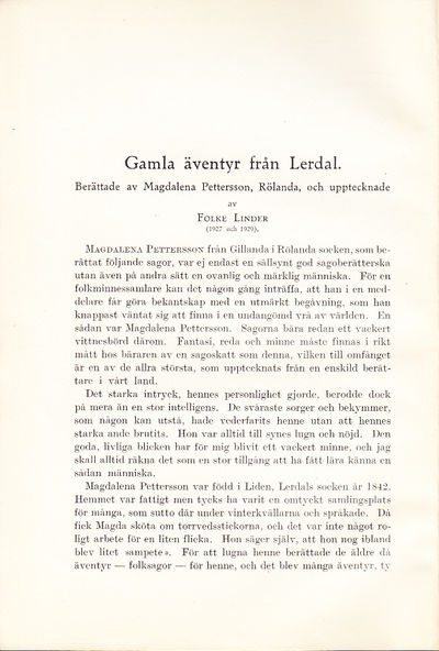 Gamla äventyr från Lerdal. Berättade av Magdalena…