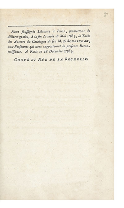 Catalogue des Livres imprimés et manuscrits, de la Bibliothèque de feu Monsieur d’Aguesseau, Doyen du Conseil…