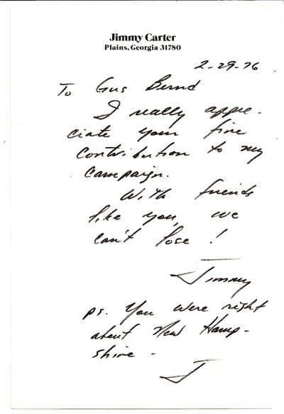 Plains, GA, 29 February 1976. Letter. Minor creases from mailing. Fine. On personal stationery (5-1/...