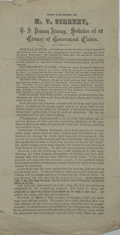 UNION LAW OFFICE OF M. V. TIERNEY, U. S. PENSION ATTORNEY, SOLICITOR OF ALL CLASSES OF GOVERNMENT CLAIMS