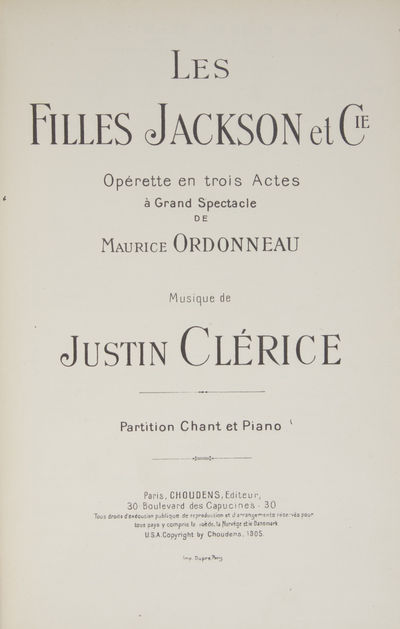 Paris: Choudens , 1905. Large octavo. Quarter textured red cloth with marbled boards, compartments a...