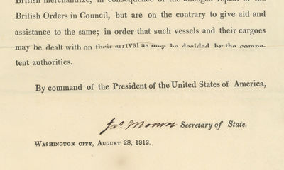 War of 1812 Privateer’s Additional Instructions Issued for a Ship Captained by Future Navy Secretary Benjamin Crowninshield, Signed by Secretary of State James Monroe