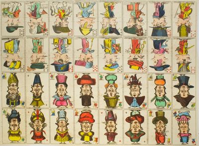 Sheet of Metamorphics: 16 fold-over caricatures on top and 16 images of men and women back to back on bottom half. Each with playing cards in upper left and lower right corners