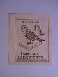 Exlibris für Hermann Langkitsch. Motiv: Eule auf einem Buch stehend