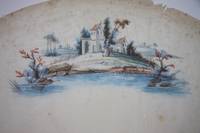 Eighteenth Century Gouache French Fan Design of a Bucolic Island Setting, Shepherdess in the Foreground by Gabled Cottage, Castles in the Distance