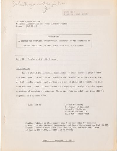 DENDRAL-64. A System for Computer Construction, Enumeration and Notation of Organic Molecules as Tree Structures and Cyclic Graphs.; Part II, Topology of Cyclic Graphs. Interim Report to the National Aeronautics and Space Administration, Grant NsG 81-60. CR-63838. [Artifical intelligence in its earliest practical working form]