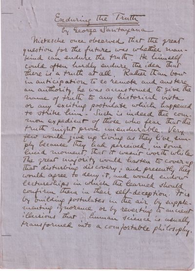 Enduring the Truth, original holograph manuscript of his review of Walter Lippmann's A Preface to Morals