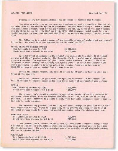 Summary of AFL-CIO Recommendations for Extension of Minimum Wage Coverage
