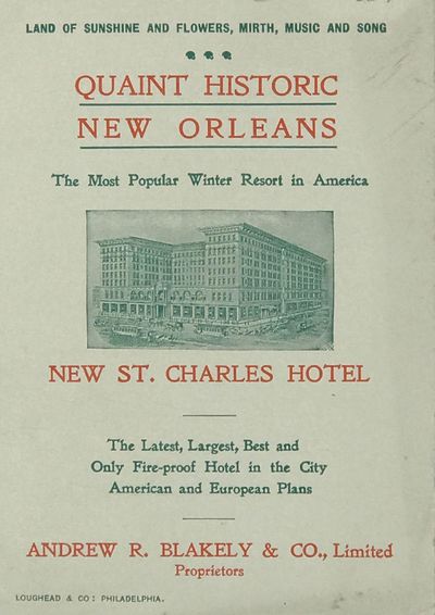 New Orleans, LA: The hotel (Loughead & Co., Philadelphia, printers), 1926. Ephemera. 16mo. (3) pp. I...