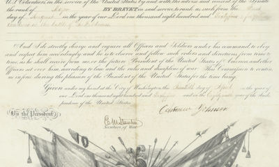 With John Wilkes Booth Still on the Loose and Lincoln's Body in the Capitol Rotunda, New President Andrew Johnson Rewards a Soldier for Heroism at the Battle of the Wilderness