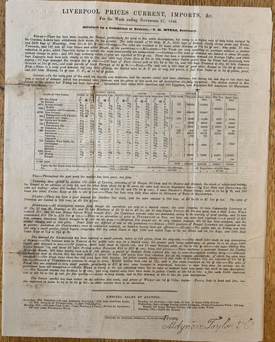 Autograph Letter Signed, Liverpool, December 3, 1846, to William H. Richards, New York, written on two-page Liverpool Prices Current printed circular