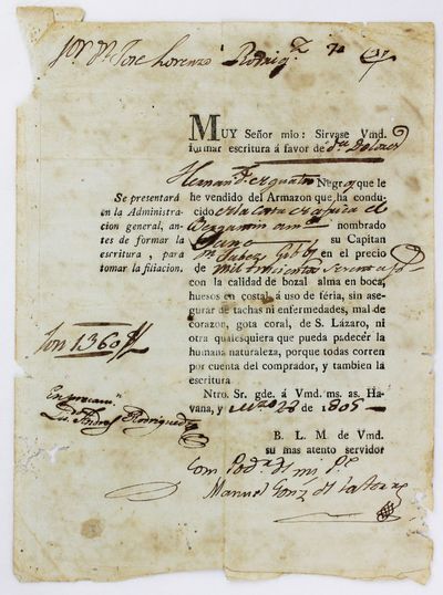[Partially Printed Form, Completed in Manuscript, Detailing a Bill of Sale for Slaves in Cuba]