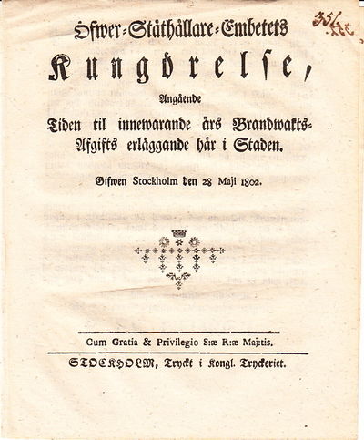 Öfwer-Ståthållare-Embetets Kungörelse, Angående…