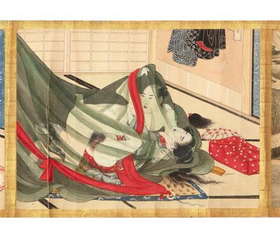 Scroll on paper, consisting of 12 scenes painted on paper (each 192 x ca. 265 mm.), & pasted on gold silk, which, in turn, has been backed with speckled paper