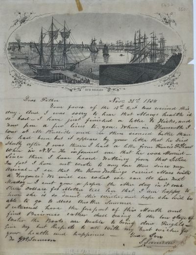 New Orleans" [caption title], an engraved view, 5 x 7 3/4 inches, of the city along the bend in the Mississippi River, with steamboats and clipper ships on the river and lined up along the docks, one in the foreground being loaded