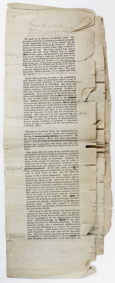[Galley Proof of John A. McClernand's Speech Assailing President Ulysses S. Grant's Use of the Military in Enforcing Reconstruction Laws, Deploring the Installation of William Pitt Kellogg as Governor of Louisiana, Castigating Radical Republican Policies, and Denouncing Plans to Throw the Presidential Election to Hayes Rather Than Tilden]