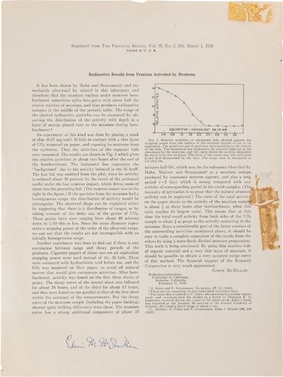 Radioactive Recoils from Uranium Activated by Neutrons; from The Physical Review, Vol. 55, No. 5, p. 510