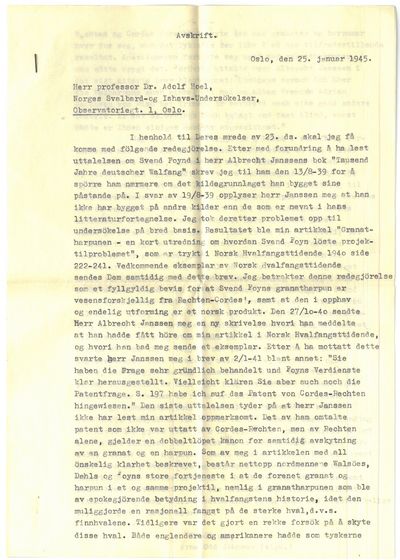 Signert brev fra Adolf Hoel datert 31. januar 1945 til Vitalis Pantenburg i Berlin angående en harpun utviklet av Svend Foyn. Vedlagt en kopi av et tosider brev fra Arne Odd Johnsen til Adolf Hoel om samme emne (photo 2)