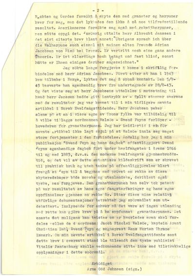 Signert brev fra Adolf Hoel datert 31. januar 1945 til Vitalis Pantenburg i Berlin angående en harpun utviklet av Svend Foyn. Vedlagt en kopi av et tosider brev fra Arne Odd Johnsen til Adolf Hoel om samme emne (photo 3)