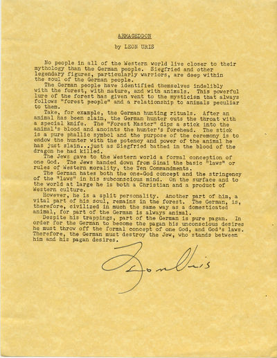 Leon Uris, Exodus, Armageddon, Signed Typescript