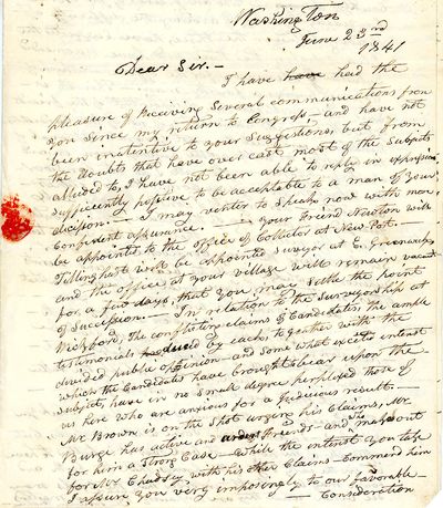 Autograph Letter Signed, as United States Senator, Washington, June 23, 1841, to William Rhodes, Esq., Providence