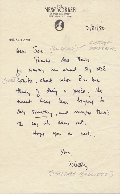 The New Yorker Jazz Critic Whitney Balliett Thanks A Fellow Critic For Warning Me About Sly Old [Lee] Konitz"