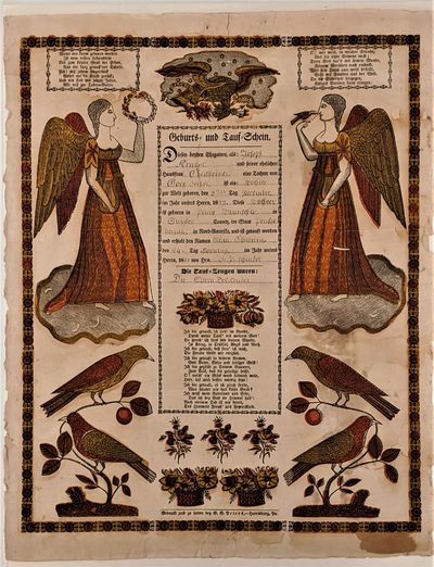 Certificate of Birth and Baptism.  Geburts- und Tauf-Schein.  Diesen beiden Ehegatten, als: Joseph Fraker und seiner ehelichen Hausfrau Catharine... Of these two spouses, Michael H. Miller and his lawful housewife Catharine n&eacute;e Snyder, a daughter was born to the world on the 22nd day of December in the year of our Lord, 1857