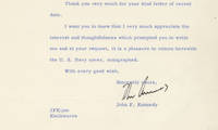 John F. Kennedy Writes Famed Military Collector Joe Martin, Who Had Sent Him a World War II Navy Cover to Sign “It is a pleasure to return herewith the U. S. Navy cover, autographed.”