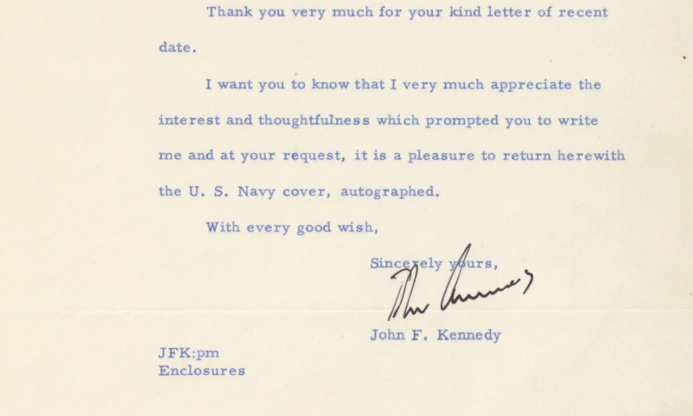 John F. Kennedy Writes Famed Military Collector Jo