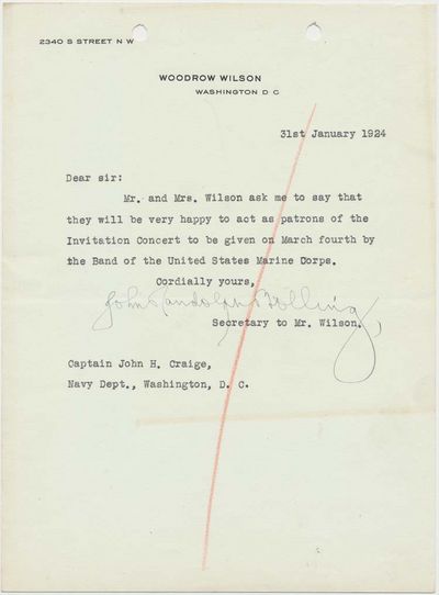 Two Letters Concerning A Marine Corps Band Concert, Written On Behalf Of Presidents Wilson And Hoover
