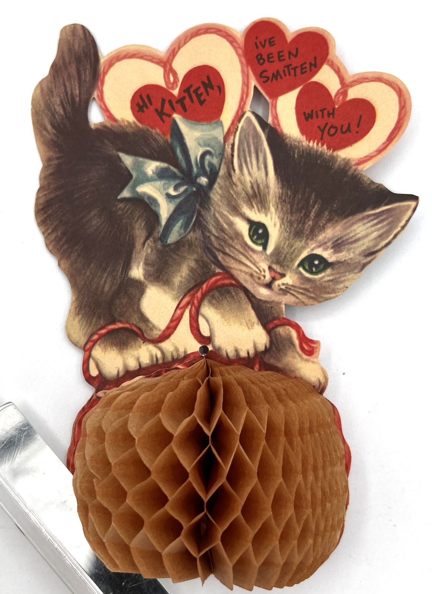 Valentine w Kitten Stands on Honeycomb Ball of Yar