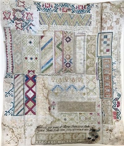 Linen and silk thread stitched sampler
