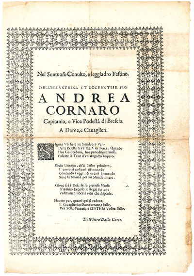 Nel sontuoso Convito, e Leggiadro Festino. Dell’Illustriss. et Ecceentiss. [sic] Sig. Andrea Cornaro Capitanio, e Vice Podestà di Brescia. A Dame, e Cavaglieri