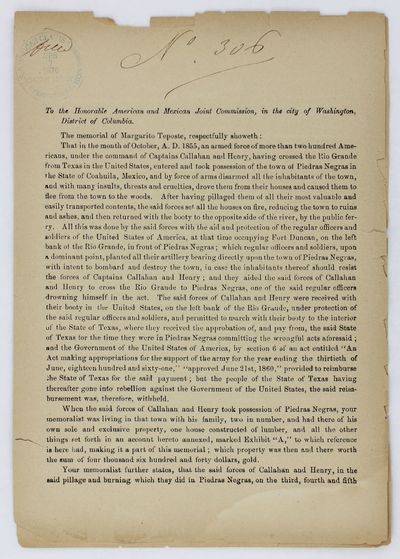 To the Honorable American and Mexican Joint Commission, in the city of Washington, District of Columbia. The Memorial of Margarito Teposte, Respectfully Showeth... [caption title]